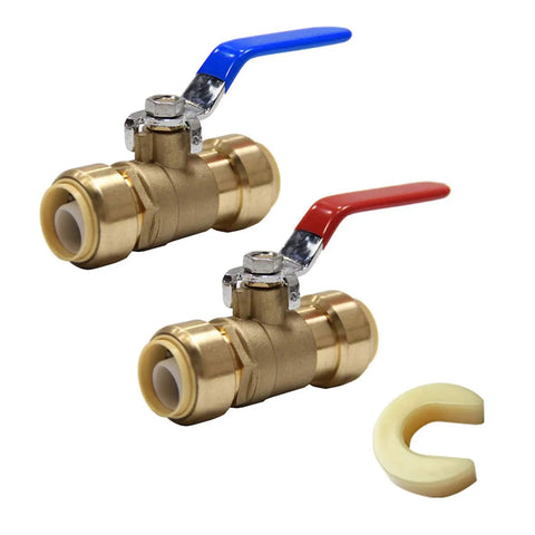 Pack Of 2 1/2 Inch Push Fit Full Port Ball Valves For Hot And Cold Water With Disconnect Clip Quick Tool Free Installation Lead Free Brass UPC Certified Connects Pex CPVC And Copper Pipe O Ring For Leak Free Seals