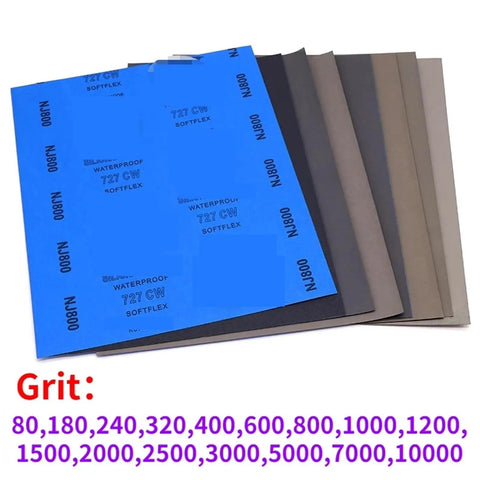 10 Pcs Assorted Wet Dry Sandpaper Sheets 280X230mm for wood metal glass polishing in assorted grits ranging from 80 to 10000.