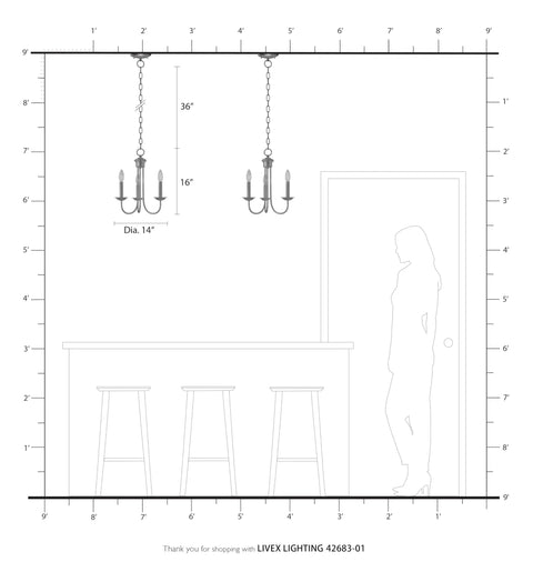 Antique Brass Mini Chandelier Medium Size Ceiling Light Fixture diagram with dimensions, suitable for dining room and kitchen island.
