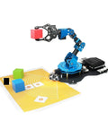 Six DOF Aluminum Robotic Arm Kit With Serial Bus Servo For Scratch And Python Education For Gearheads Inverse Kinematics Multiple Control Methods Self Learning Drawing And Imitation For Creative Coding Projects, blue aluminum arm holding blocks