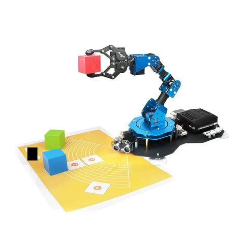 Six DOF Aluminum Robotic Arm Kit With Serial Bus Servo For Scratch And Python Education For Gearheads Inverse Kinematics Multiple Control Methods Self Learning Drawing And Imitation For Creative Coding Projects, blue aluminum arm holding blocks