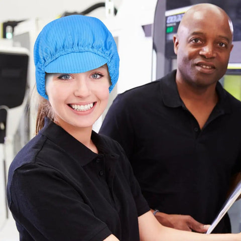 Pro Level Antistatic Work Hats With Breezy Mesh Venting Keeps Things Chill In Busy Shops Lightweight Dustproof head cover worn by technician.
