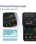 Portable USB Mini Audio Mixer With 2 Channel Sound Card And 48V Phantom Power close-up with knobs and ports for PC music recording.