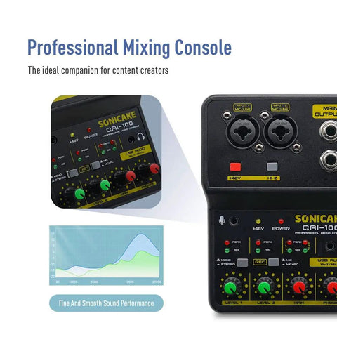 Portable USB Mini Audio Mixer With 2 Channel Sound Card And 48V Phantom Power close-up with knobs and ports for PC music recording.