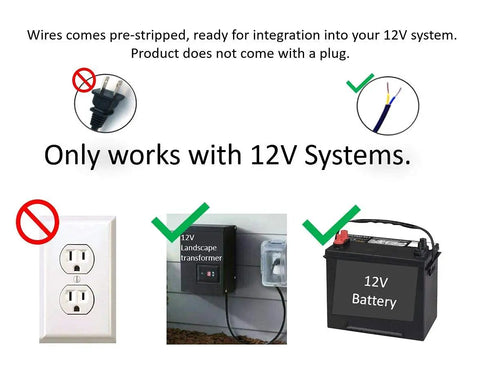 Diagram showing 33Ft 100 LED Outdoor Waterproof String Lights Warm White For 12V Low Voltage, not compatible with 120V systems.
