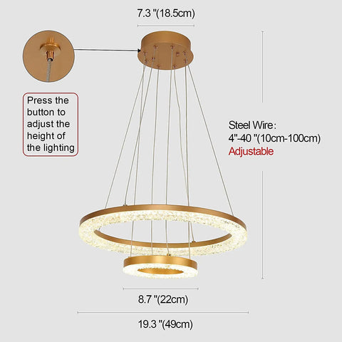 Lit 2 Ring Gold Crystal Chandelier With LED Integrated Dimmable 3000K Warm White Ceiling Lights showing size and adjustable height.