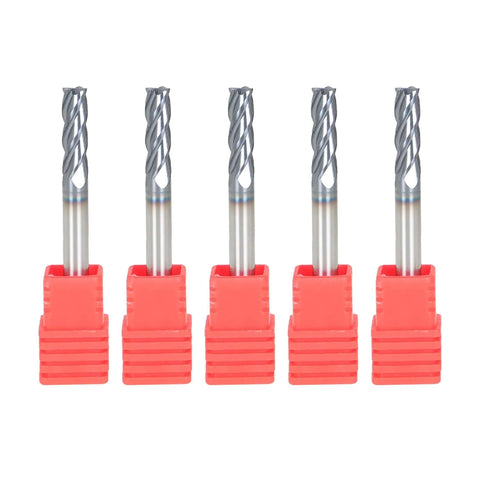 Five 3/16-inch, 4-flute carbide end mills with straight shanks; 2-inch overall length.
