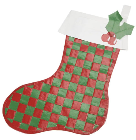 Handcrafted Christmas stocking made with red and green duct tape in a woven pattern, decorated with holly leaves and berries at the top.