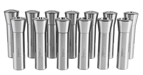13 Piece R8 Collets Set, Precision Ground And Hardened, 1/8 To 7/8 Inch In 16ths, Concentricity Within 0.0005 Inch, displayed in a row