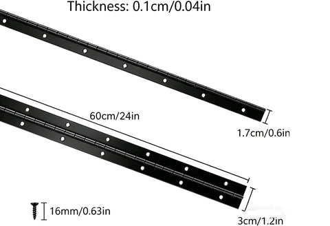 Rock Solid Black Piano Hinges For Boats Cabinets And Doors Full Length Stainless Steel With All Screws Included No Sweat Surface Mount Two Pack 24 Inch Long specifications showing thickness and dimensions.