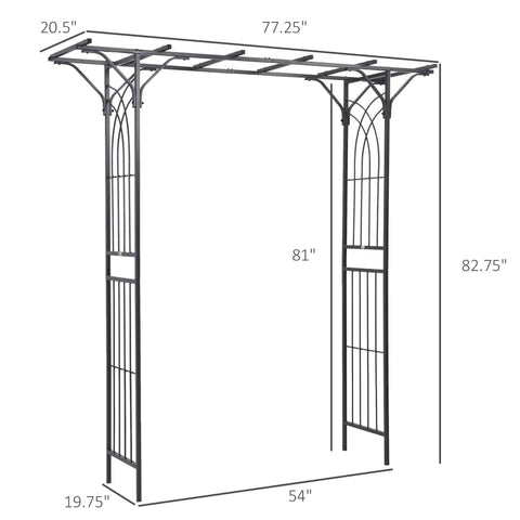 82 Inch Metal Garden Trellis Arch With Durable Steel Tubing And Elegant Scrollwork, Weather Resistant Gray Finish