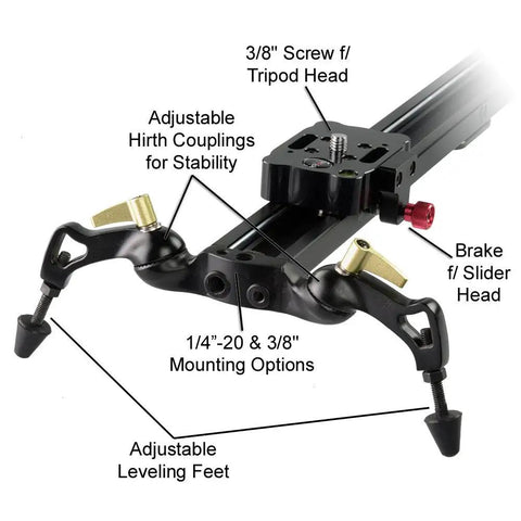 Close-up of heavy duty video slider stabilizer for DSLR cameras with ball bearing slide system showing adjustable legs and mounts.
