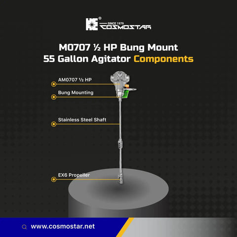 Diagram of Half HP Bung Mount Pneumatic Agitator For 55 Gallon Drums Barrel Mixer with labeled components and air bracket