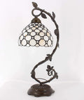 Tiffany Style Table Lamp With Cream Stained Glass Pearl Design, Metal Leaf Base, 8x10x21 Inch Desk Light, S005 Series