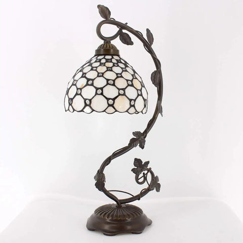 Tiffany Style Table Lamp With Cream Stained Glass Pearl Design, Metal Leaf Base, 8x10x21 Inch Desk Light, S005 Series