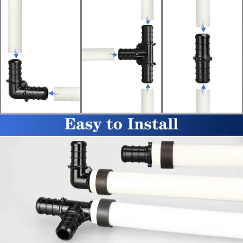 Half Inch Poly PPSU Barb Crimp PEX Fittings Set, 30 Pieces Including 10 Elbows shown installed on pipes