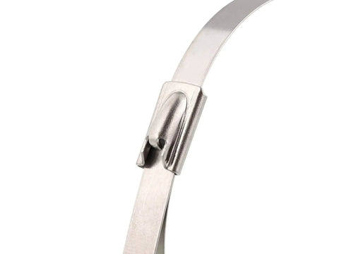 Close-up of Heavy Duty 15 Inch 316 Stainless Steel Cable Tie Pack Of 100 with locking mechanism.