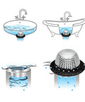 Ditch The Nasty Clogs With This Heavy Duty Shower Drain Hair Catcher Snags Fuzz And Debris Fast Fits Pop Up And Standard Tub Drains Easy To Rinse Off In Sleek Black, shown over a sink and bathtub.