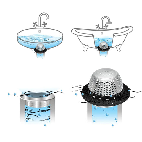 Ditch The Nasty Clogs With This Heavy Duty Shower Drain Hair Catcher Snags Fuzz And Debris Fast Fits Pop Up And Standard Tub Drains Easy To Rinse Off In Sleek Black, shown over a sink and bathtub.
