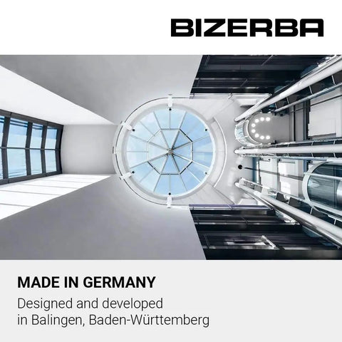 BIZERBA building interior with glass dome, Made in Germany text, product for food industry equipment