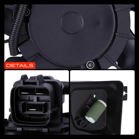 Close-up of Engine Radiator Cooling Fan Assembly With Resistor For Hyundai Santa Fe Kia Sorento 2010 To 2013 showing connector detail.