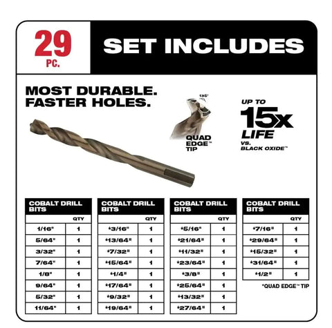 Cobalt Red Helix Metal Drill Bit Set, 29 Piece Kit For Tough Metals And Wood chart with sizes and quad edge tip image
