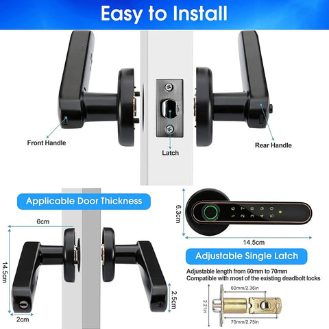 Fingerprint Door Lock With 4 In 1 Keyless Entry Biometric Smart Touchscreen Lock Bluetooth App Control Code Or Mechanical Key Unlock illustrated with installation guide and dimensions.