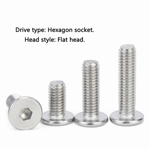 50 Pack M4 X 8mm Hex Socket Head Cap Screws In 304 Stainless Steel With A Countersunk Flat Head And Slim Build in various sizes.