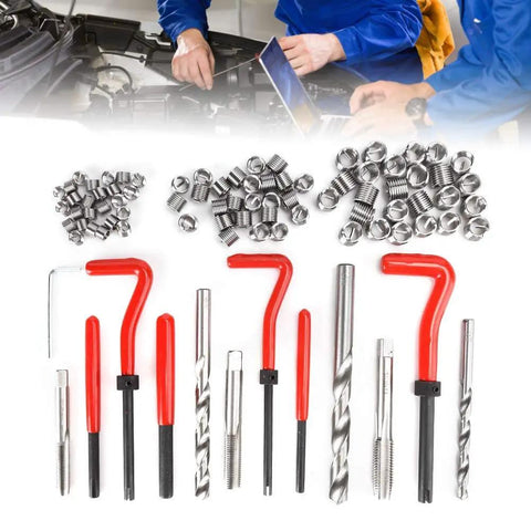 Ultimate 88 Piece Thread Repair Kit M6 M8 M10 with steel alloy threaded inserts, taps, drill bits, and installation tools displayed.