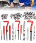 Heavy-Duty 88-Piece Thread Repair Kit for M6 M8 M10 with taps, drills, inserts, and red-handled installation tools on display.