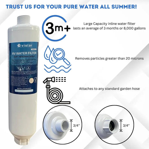 Pro Grade Rv Water Filter And Hose Protector Blocks Bad Taste, Chlorine, Sediment, And Odor For Campers, Travel Trailers, Boats shown with specs.