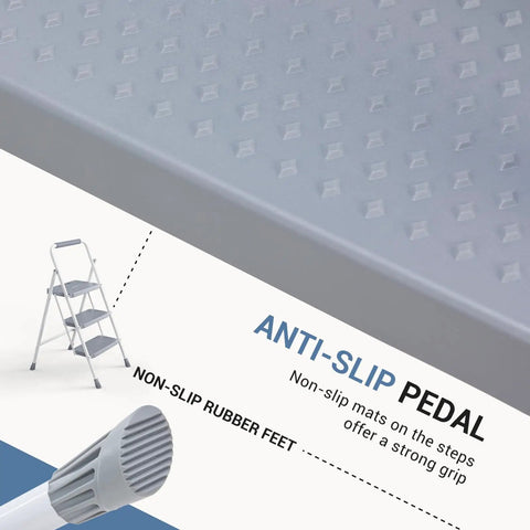 Close-up of anti-slip pedal and rubber feet on Three Step Stool With Anti Slip Pedals And Comfortable Handrail, Heavy Duty Portable Step Ladder