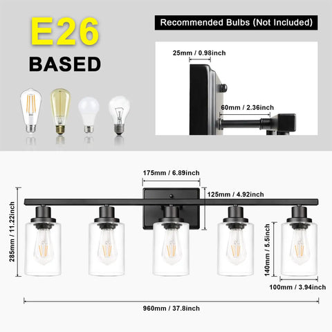 Dope Matte Black Five Light Wall Sconce With Clear Glass Shades, Modern Vanity Lighting For Mirrors, E26 base dimensions