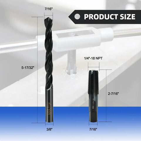 1/4-18 NPT Pipe Tap And 7/16 Inch Drill Bit Set Carbon Steel with product size dimensions on display
