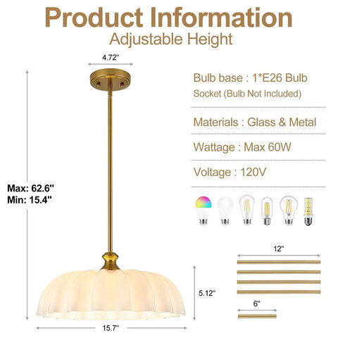 puncoll 15.7 Vintage Milk Glass Pendant Light Kitchen Island with adjustable height, featuring a glass shade, and brushed gold metal finish.