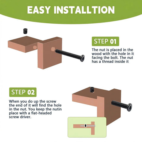 Easy installation steps for No Sweat Crib Screw Replacement Kit With M6 Hex Drive Furniture Bolts Barrel Nuts And Dowel Pins.
