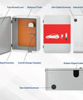Interior view of Heavy Duty Tesla Charger Enclosure Lock Box featuring rainproof tank, cord organizer, and grounding protection.