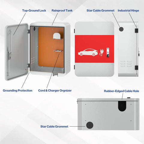 Interior view of Heavy Duty Tesla Charger Enclosure Lock Box featuring rainproof tank, cord organizer, and grounding protection.