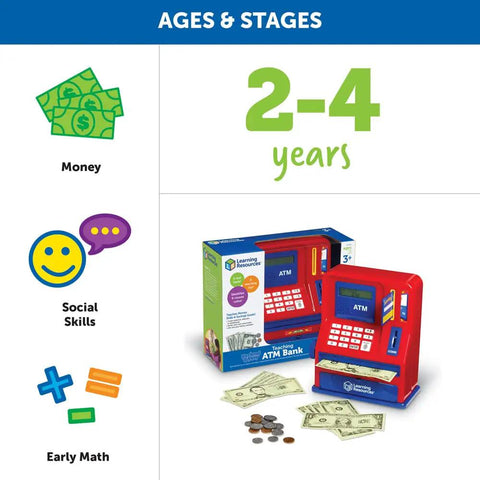 Kid Friendly Interactive Pretend ATM Bank for kids aged 2-4, featuring electronic piggy bank, play money, and packaging