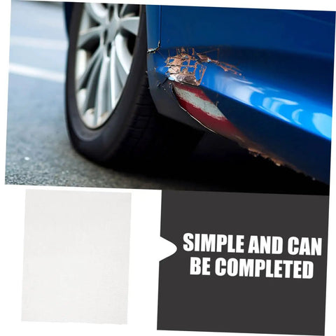 Damaged car bumper with Stainless Steel Car Bumper Repair Mesh Welding Screen 15 Piece Set For Quick Do It Yourself Vehicle Repairs.