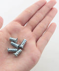 Heavy Duty 24 Pack Phillips Head Drawer Slide Replacement Screws No Sweat Self Tapping Hardware for Chest Of Drawers And Cabinetry Repair, showing five screws in a hand.