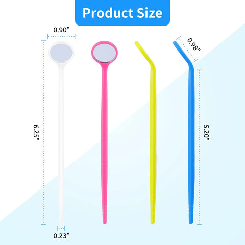 Disposable Dental Inspection Mirrors 40 Count With Anti Fog 6.3 Inch Handles Mouth Mirror For Teeth Check Oral Care Tools For Dentist Household And Home Use Four Color Set size chart showing four colored disposable mirrors