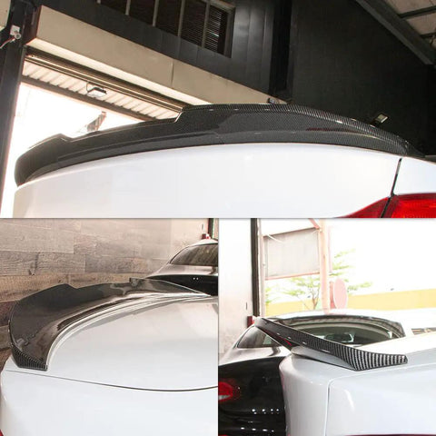 Totally Rad Carbon Fiber Look Rear Trunk Spoiler Wing For 2014 To 2020 BMW 4 Series F36 Gran Coupe DN Style mounted on a white car.