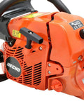 Close-up of Timber Wolf 20 Inch Gas Chainsaw With 59.8cc Power, Easy Start And Hassle Free Operation, showing engine and handle.
