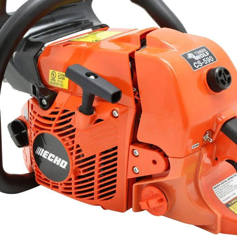 Close-up of Timber Wolf 20 Inch Gas Chainsaw With 59.8cc Power, Easy Start And Hassle Free Operation, showing engine and handle.