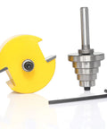 Top Shelf Rabbet Router Bit Set With Six Interchangeable Guide Rollers And Half Inch Shank For Flawless Woodworking Joints Tough Carbon Steel Design Delivers Hella Smooth Cuts showing carbide bit and guide roller.