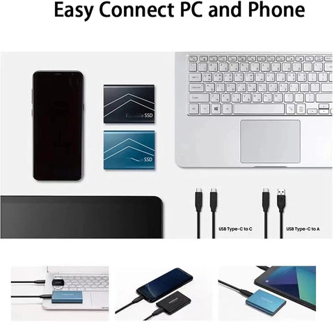 External SSD USB 3.1 Type C High Speed Drive With 540 MB Per Second Read And 500 MB Per Second Write, connectors and devices