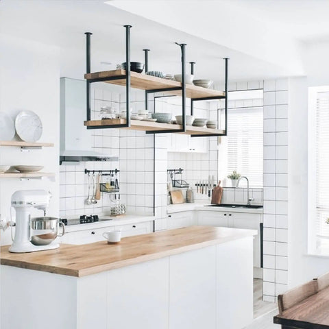 Industrial Iron Ceiling Mounted Bar Rack With Two Tier Wine Shelf And Overhead Space Saving Storage in modern kitchen