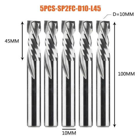 Badass Compression End Mill For Woodworking Heavy Duty 2 Flute Carbide Router Bit Up Down Cut Design Freakishly Sharp Pro Level CNC Milling Tool Killer Five Piece Set 10 Mm Diameter, 10mm carbide bits, 100mm length, sharp design.
