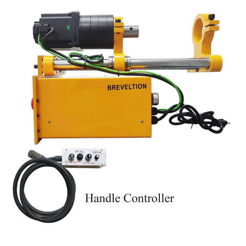 BREVELTION portable hole drilling machine, yellow with a long silver boring bar and hand controller